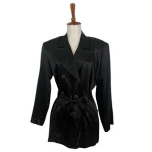 90s Satin Double Breasted Trench Women’s M Belted Short Vintage Jacket Chic